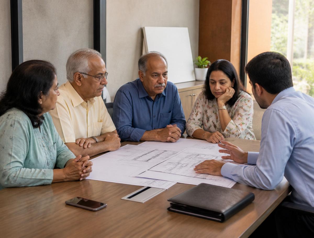 Housing society committee members reviewing redevelopment plans with a consultant